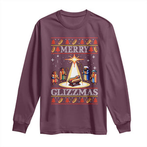 Funny Merry Glizzmas Long Sleeve Shirt Hot Dog Christmas Nativity Scene TS11 Maroon Print Your Wear