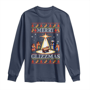 Funny Merry Glizzmas Long Sleeve Shirt Hot Dog Christmas Nativity Scene TS11 Navy Print Your Wear