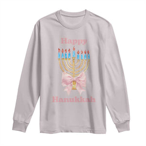 Happy Hanukkah Coquette Long Sleeve Shirt Cute Menorah Pink Bow TS11 Ice Gray Print Your Wear