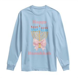 Happy Hanukkah Coquette Long Sleeve Shirt Cute Menorah Pink Bow TS11 Light Blue Print Your Wear