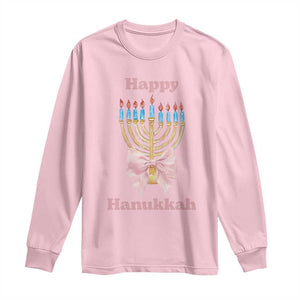 Happy Hanukkah Coquette Long Sleeve Shirt Cute Menorah Pink Bow TS11 Light Pink Print Your Wear