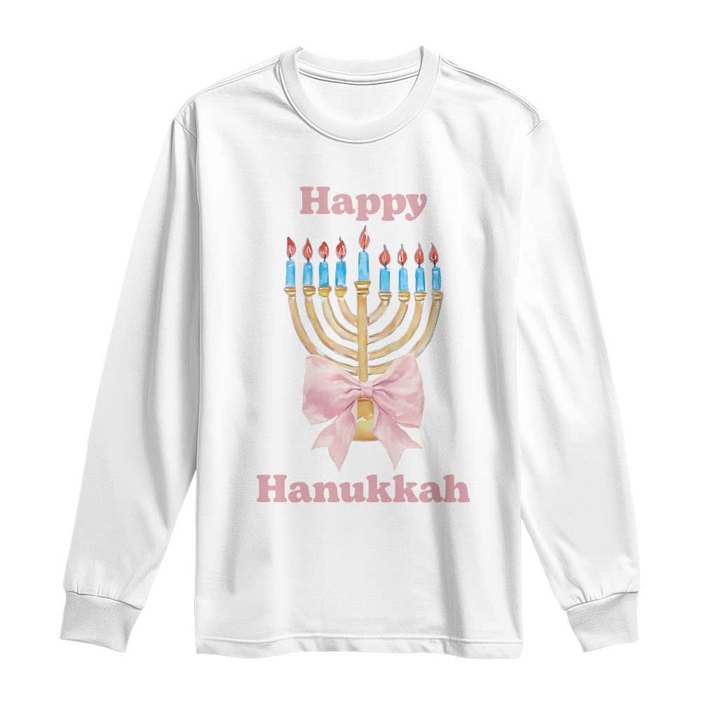 Happy Hanukkah Coquette Long Sleeve Shirt Cute Menorah Pink Bow TS11 White Print Your Wear