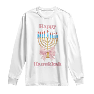 Happy Hanukkah Coquette Long Sleeve Shirt Cute Menorah Pink Bow TS11 White Print Your Wear