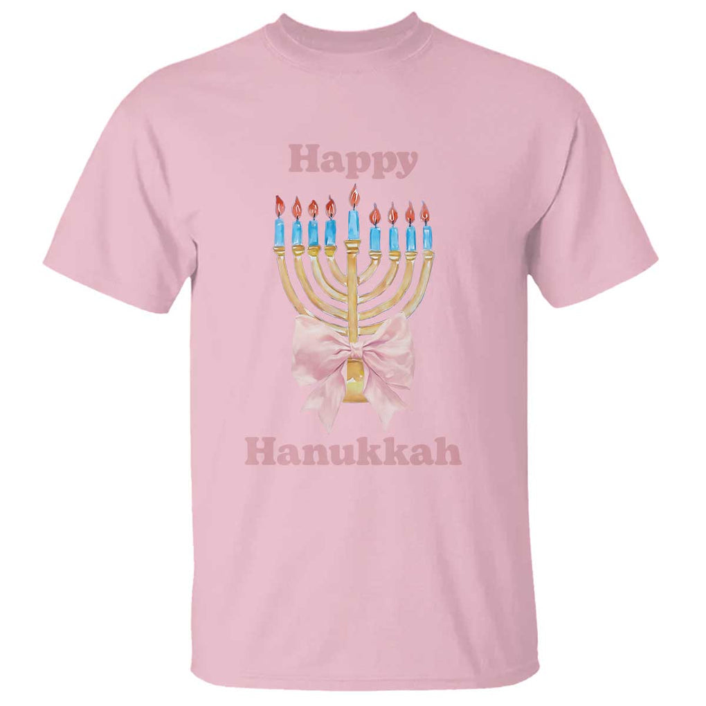 Happy Hanukkah Coquette T Shirt Cute Menorah Pink Bow TS11 Light Pink Print Your Wear