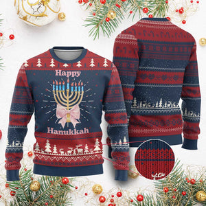 Happy Hanukkah Coquette Ugly Christmas Sweater Cute Menorah Pink Bow TS11 Burgundy Print Your Wear