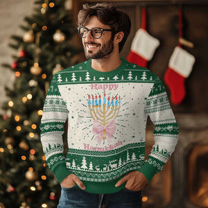 Happy Hanukkah Coquette Ugly Christmas Sweater Cute Menorah Pink Bow TS11 Green Print Your Wear