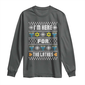 Funny Hanukkah Long Sleeve Shirt I'm Here For The Latkes Menorah TS11 Dark Heather Print Your Wear