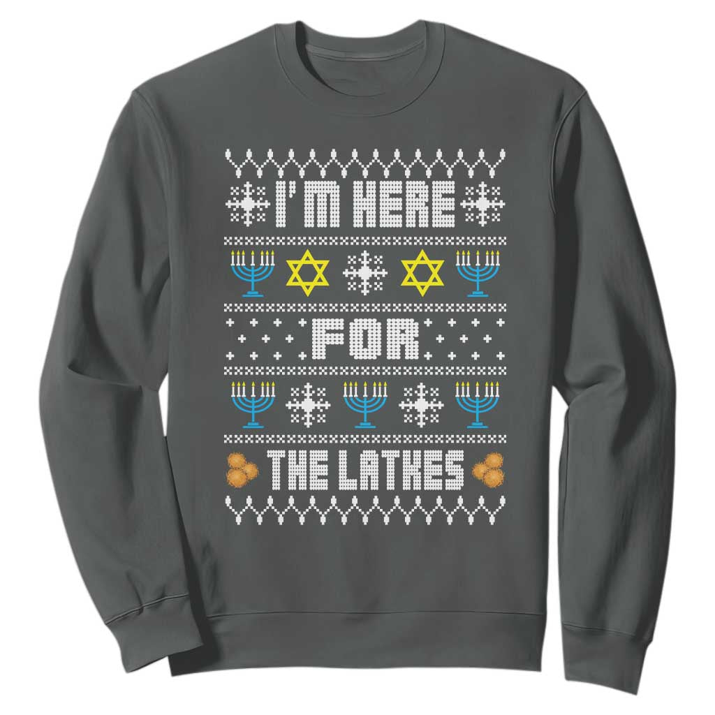 Funny Hanukkah Sweatshirt I'm Here For The Latkes Menorah TS11 Dark Heather Print Your Wear