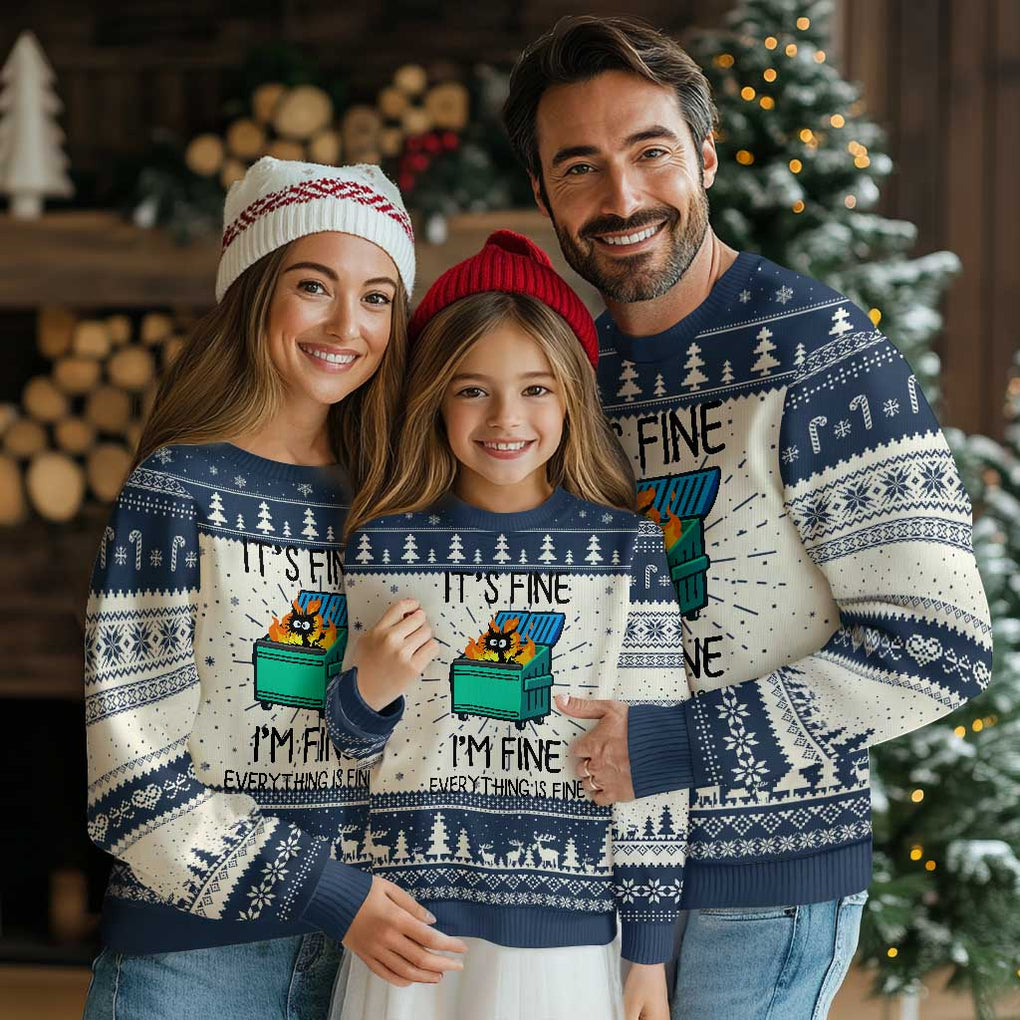 Funny It's Fine I'm Everything Is Fine Ugly Christmas Sweater Black Cat Lil Dumpster Fire TS11 Navy Print Your Wear