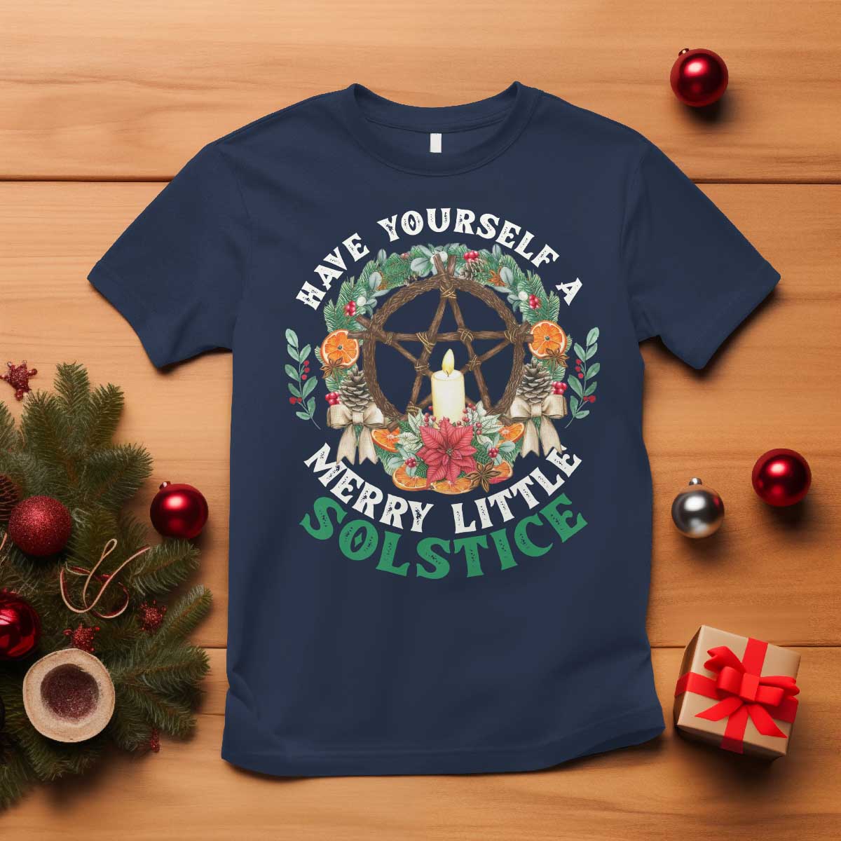 Have Yourself A Merry Little Solstice T Shirt Pagan Pentagram Christmas Wreath TS11 Navy Print Your Wear