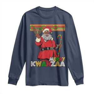 Funny Merry Kwanzaa Christmas Long Sleeve Shirt African American Black Santa Kinara Candles TS11 Navy Print Your Wear