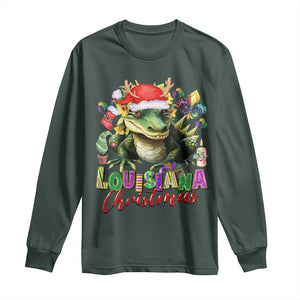 Funny Cajun Louisiana Christmas Santa's Alligator Long Sleeve Shirt TS11 Dark Forest Green Print Your Wear