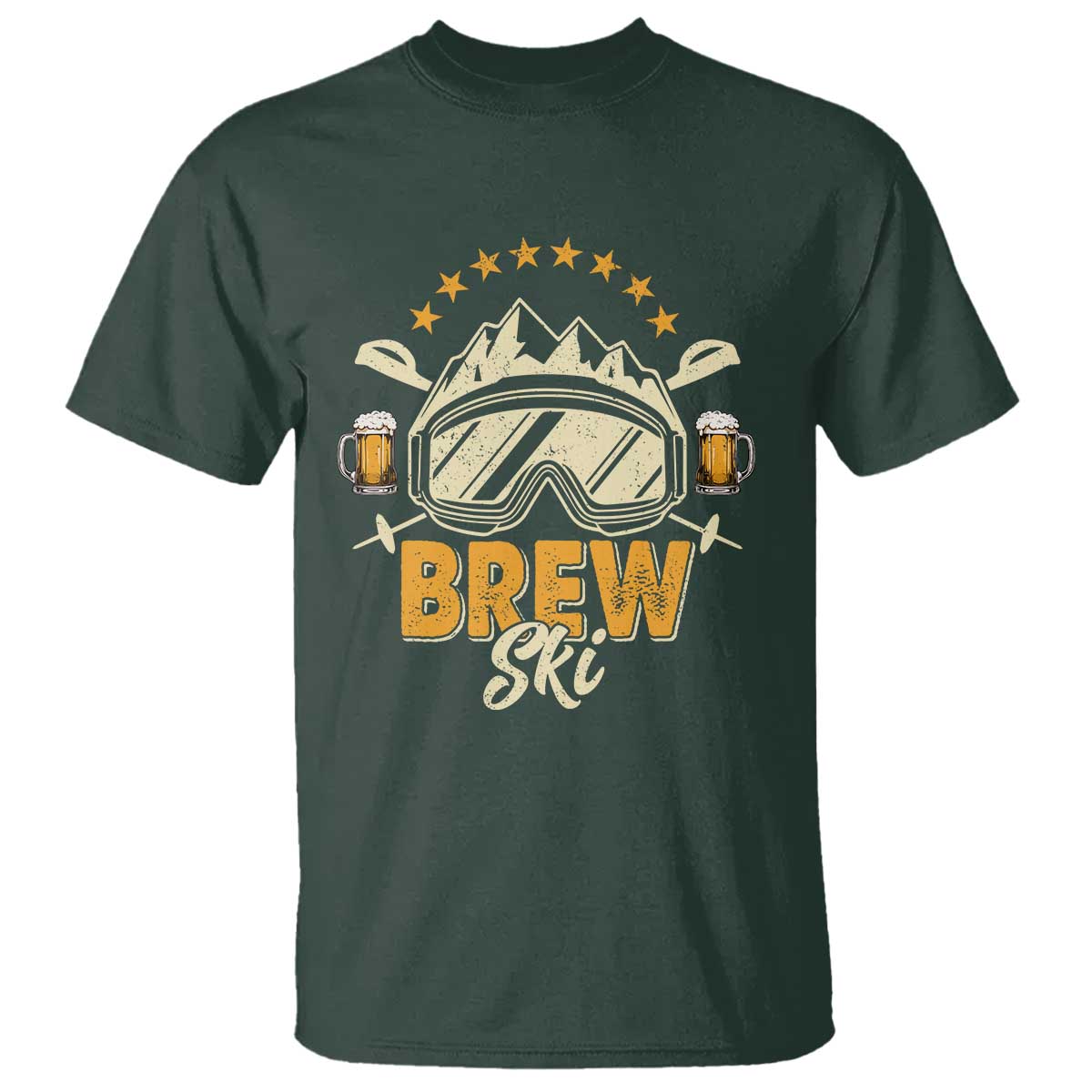 Brewski Skiing Beer T Shirt Funny Skiing Skier Ski Vacation TS11 Dark Forest Green Print Your Wear