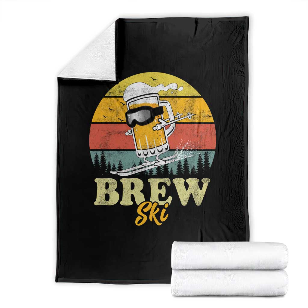 Brewski Skiing Beer Throw Blanket Funny Skiing Skier Ski Vacation Retro Sunset TS11 Black Print Your Wear