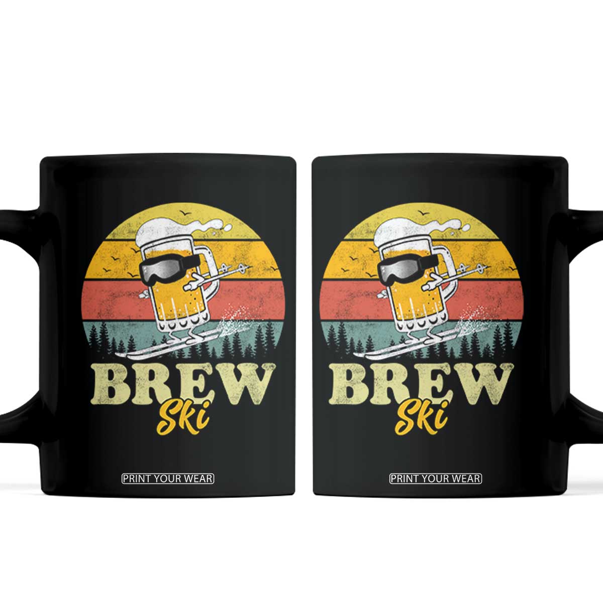 Brewski Skiing Beer Coffee Mug Funny Skiing Skier Ski Vacation Retro Sunset TS11 Black Print Your Wear