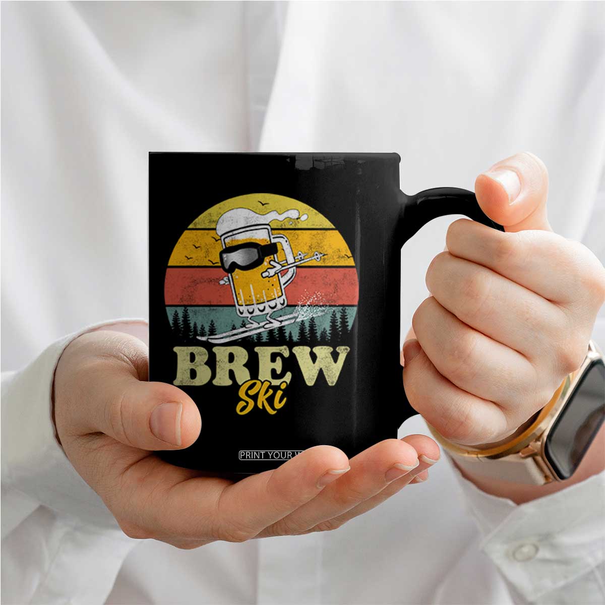Brewski Skiing Beer Coffee Mug Funny Skiing Skier Ski Vacation Retro Sunset TS11 Print Your Wear