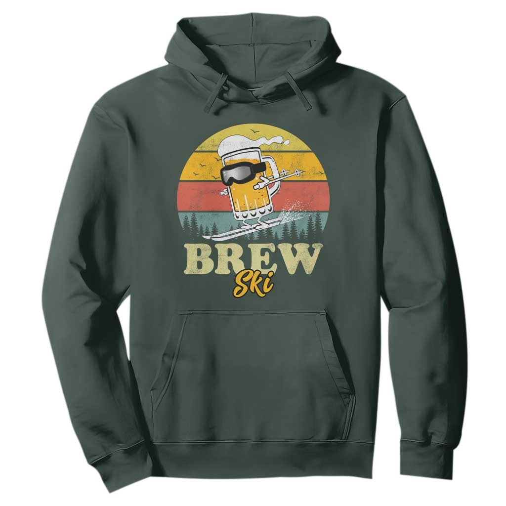 Brewski Skiing Beer Hoodie Funny Skiing Skier Ski Vacation Retro Sunset TS11 Dark Forest Green Print Your Wear