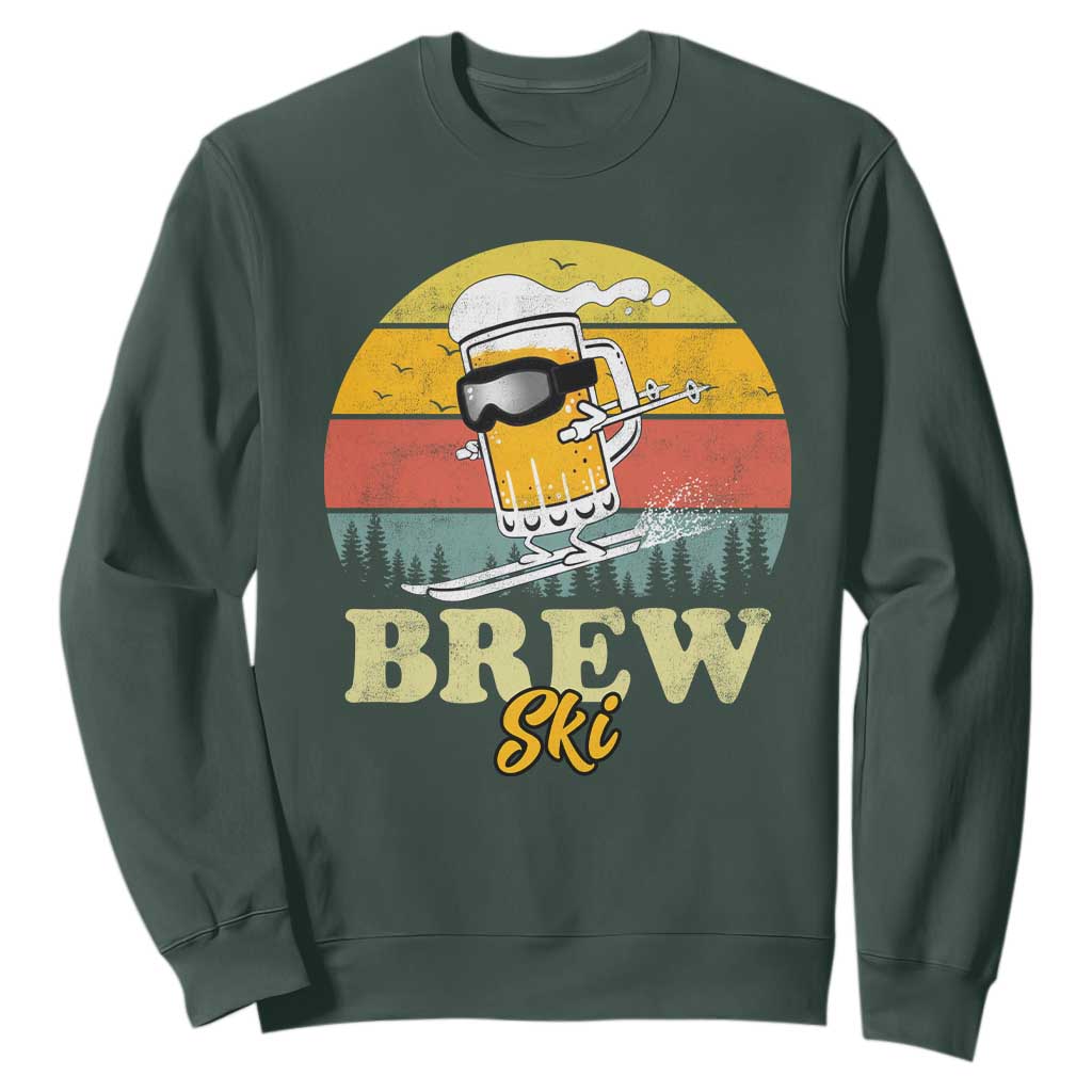 Brewski Skiing Beer Sweatshirt Funny Skiing Skier Ski Vacation Retro Sunset TS11 Dark Forest Green Print Your Wear