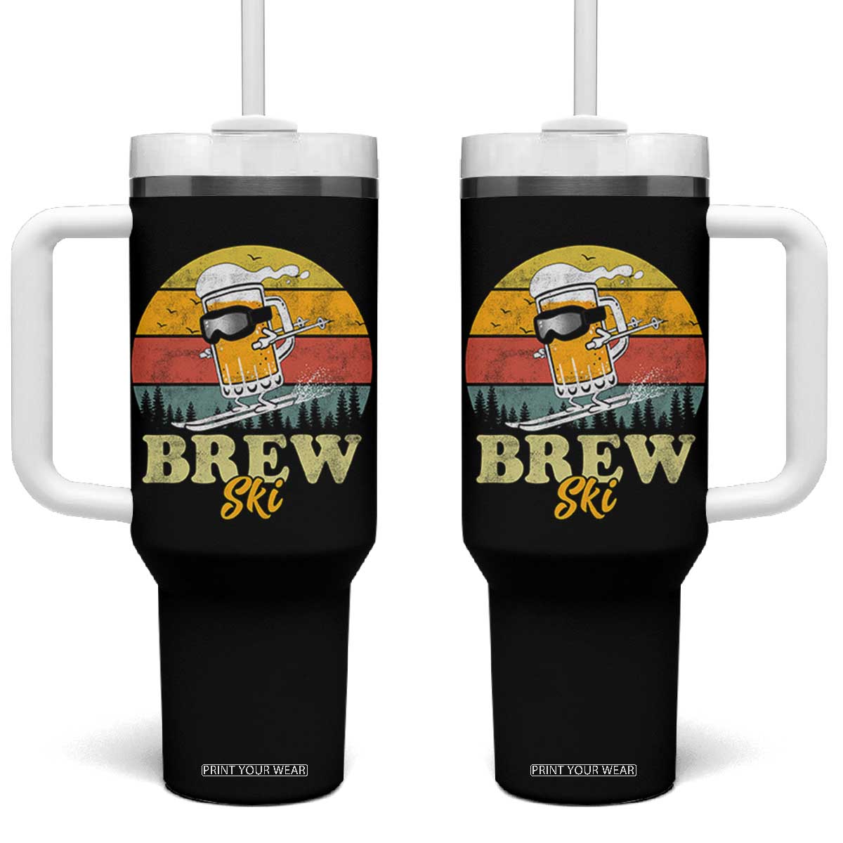 Brewski Skiing Beer Tumbler With Handle Funny Skiing Skier Ski Vacation Retro Sunset TS11 One Size: 40 oz Black Print Your Wear