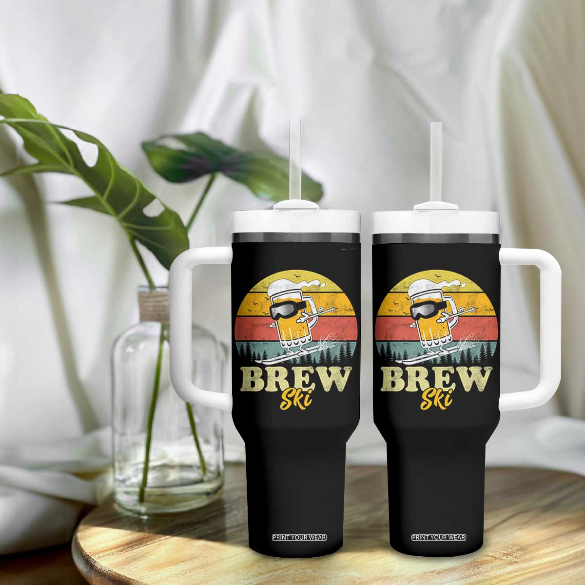 Brewski Skiing Beer Tumbler With Handle Funny Skiing Skier Ski Vacation Retro Sunset TS11 Print Your Wear