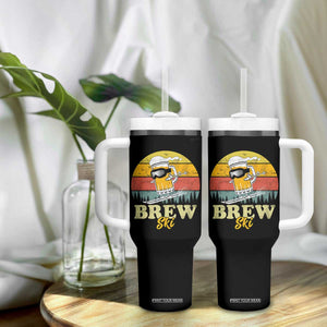 Brewski Skiing Beer Tumbler With Handle Funny Skiing Skier Ski Vacation Retro Sunset TS11 Print Your Wear