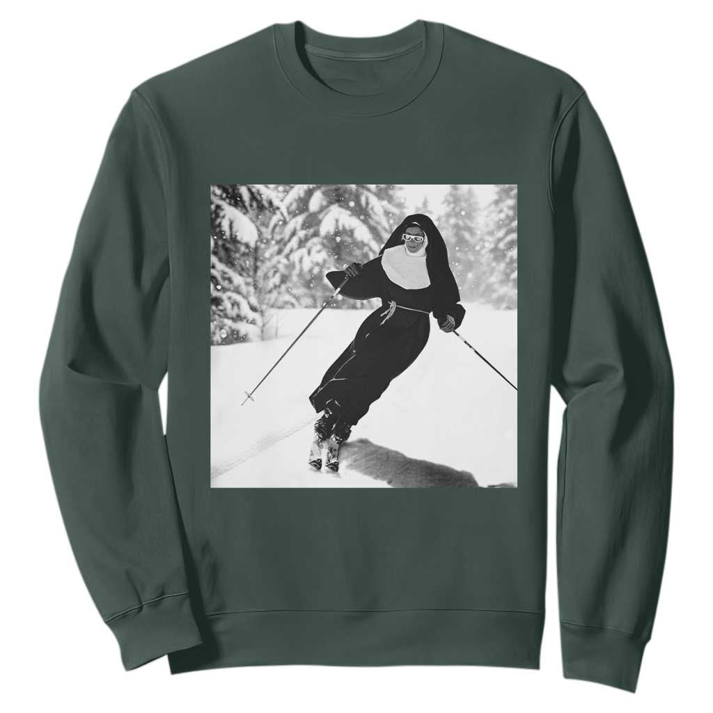 Funny Skiing Nun Graphics Photo Skier Winter Sport Sweatshirt TS11 Dark Forest Green Print Your Wear