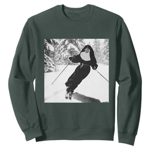 Funny Skiing Nun Graphics Photo Skier Winter Sport Sweatshirt TS11 Dark Forest Green Print Your Wear