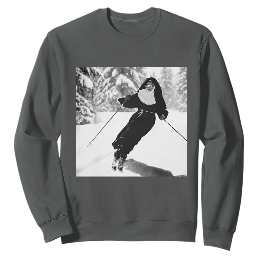 Funny Skiing Nun Graphics Photo Skier Winter Sport Sweatshirt TS11 Dark Heather Print Your Wear