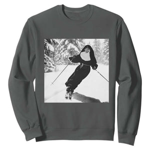 Funny Skiing Nun Graphics Photo Skier Winter Sport Sweatshirt TS11 Dark Heather Print Your Wear