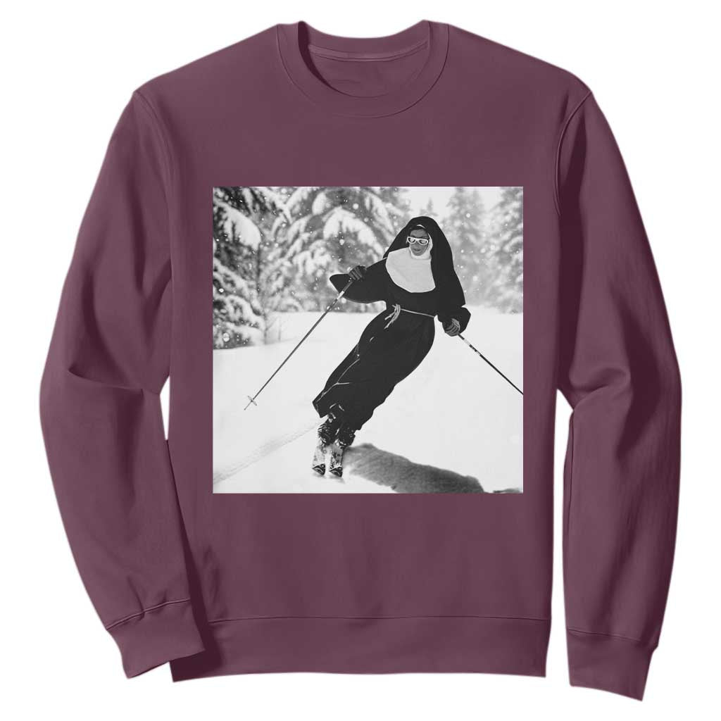 Funny Skiing Nun Graphics Photo Skier Winter Sport Sweatshirt TS11 Maroon Print Your Wear