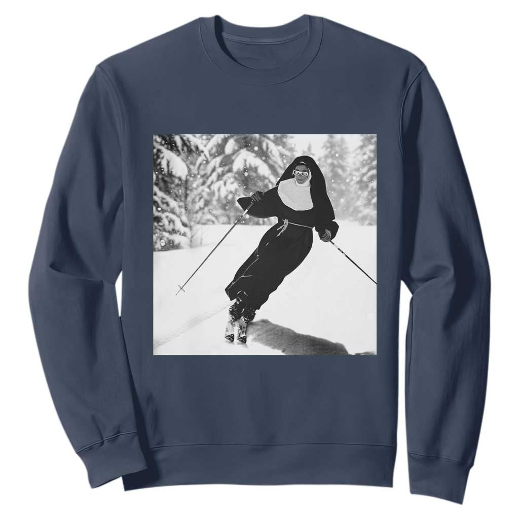Funny Skiing Nun Graphics Photo Skier Winter Sport Sweatshirt TS11 Navy Print Your Wear