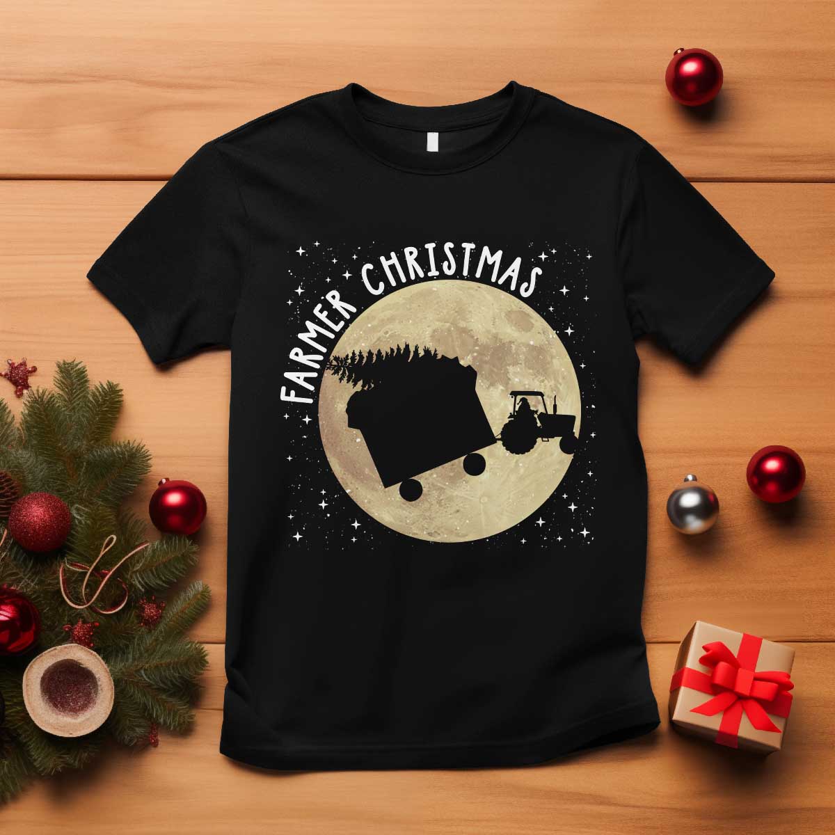 Funny Farmer Christmas T Shirt Xmas Santa Farm Tractor Moon TS11 Black Print Your Wear
