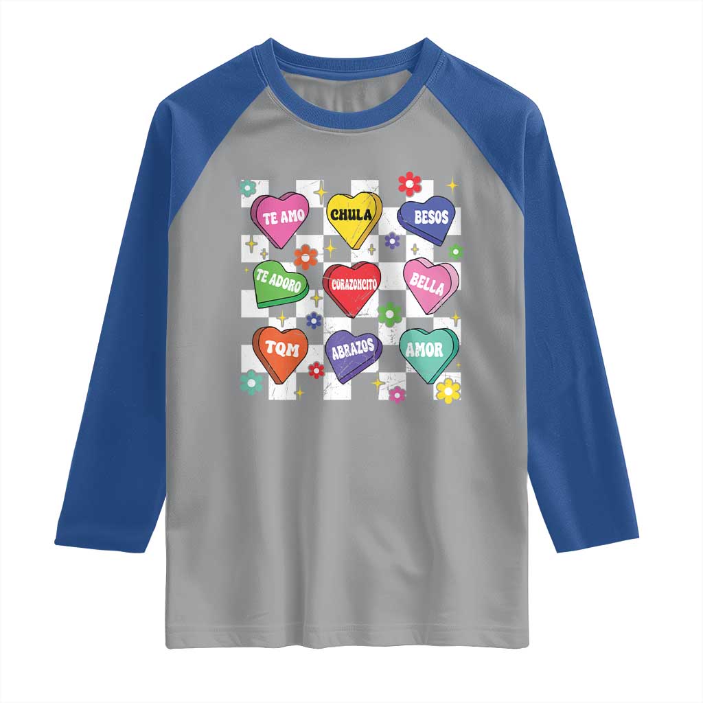 Funny Spanish Candy Heart Valentine's Day Raglan Shirt TS11 Sport Gray Royal Print Your Wear