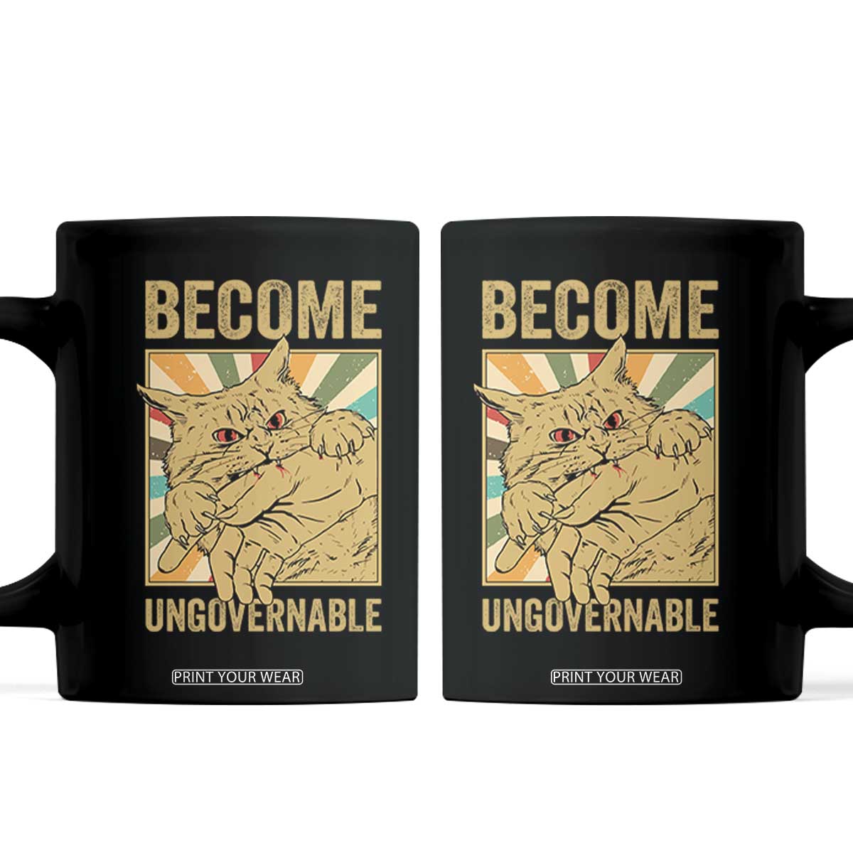 Become Ungovernable Cat Coffee Mug Funny Retro Cat Bite Horror Anime TS11 Black Print Your Wear