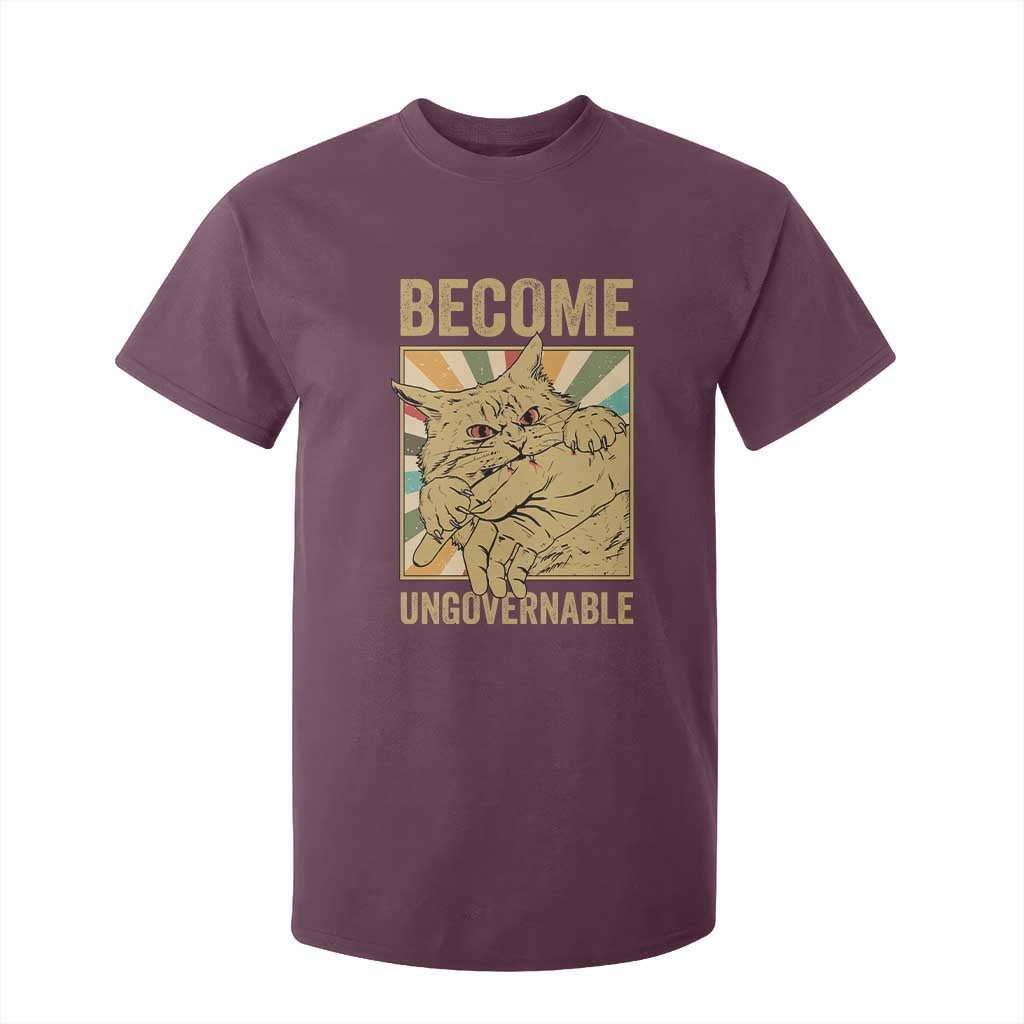 Become Ungovernable Cat T Shirt For Kid Funny Retro Cat Bite Horror Anime TS11 Maroon Print Your Wear
