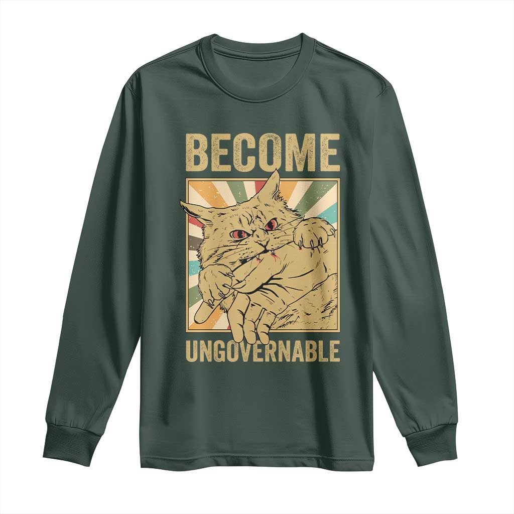 Become Ungovernable Cat Long Sleeve Shirt Funny Retro Cat Bite Horror Anime TS11 Dark Forest Green Print Your Wear
