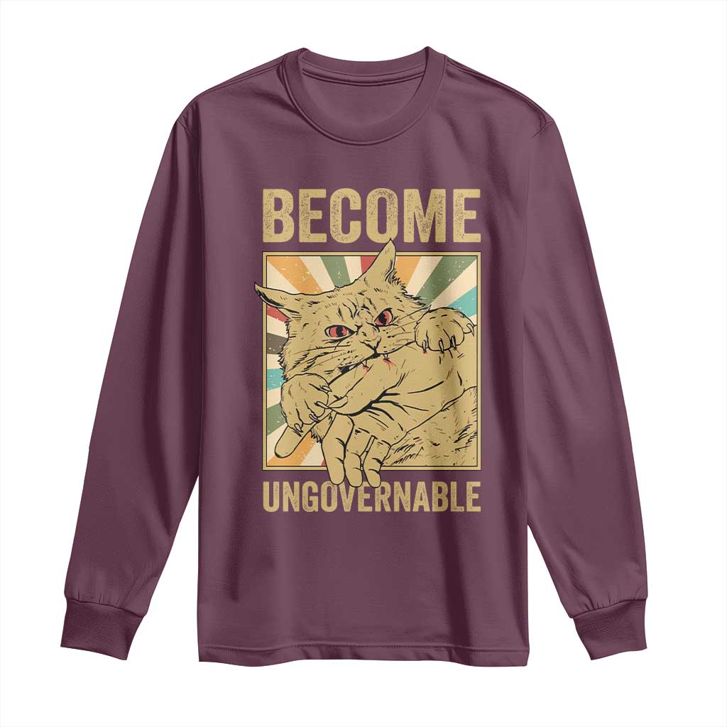 Become Ungovernable Cat Long Sleeve Shirt Funny Retro Cat Bite Horror Anime TS11 Maroon Print Your Wear