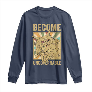 Become Ungovernable Cat Long Sleeve Shirt Funny Retro Cat Bite Horror Anime TS11 Navy Print Your Wear