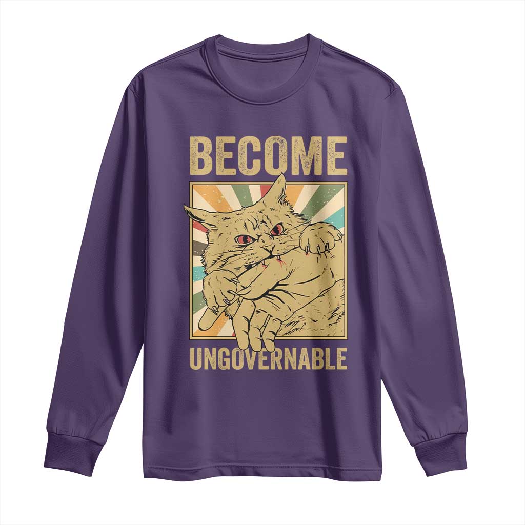 Become Ungovernable Cat Long Sleeve Shirt Funny Retro Cat Bite Horror Anime TS11 Purple Print Your Wear