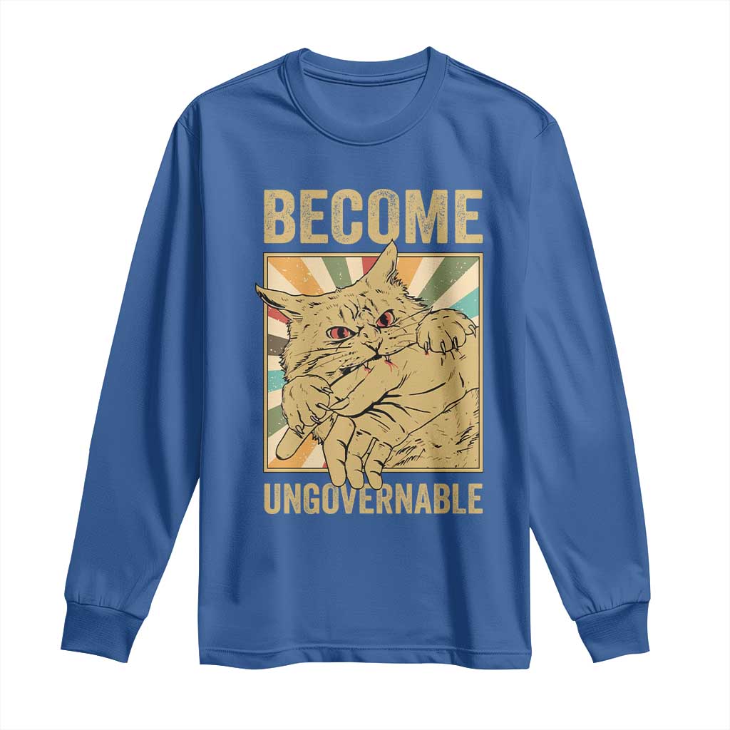 Become Ungovernable Cat Long Sleeve Shirt Funny Retro Cat Bite Horror Anime TS11 Royal Blue Print Your Wear
