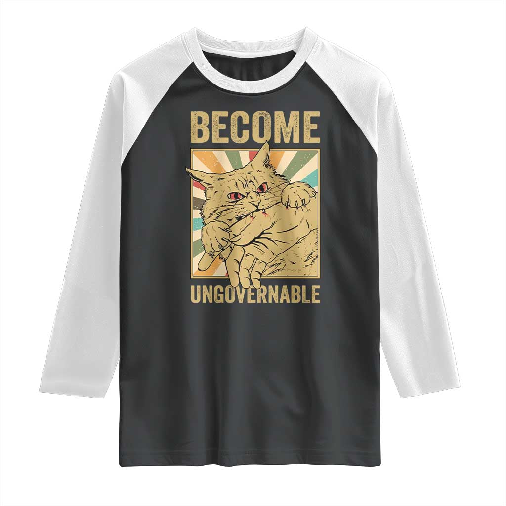 Become Ungovernable Cat Raglan Shirt Funny Retro Cat Bite Horror Anime TS11 Black White Print Your Wear