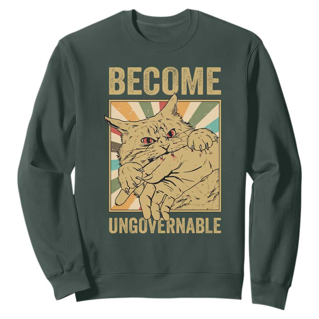 Become Ungovernable Cat Sweatshirt Funny Retro Cat Bite Horror Anime TS11 Dark Forest Green Print Your Wear