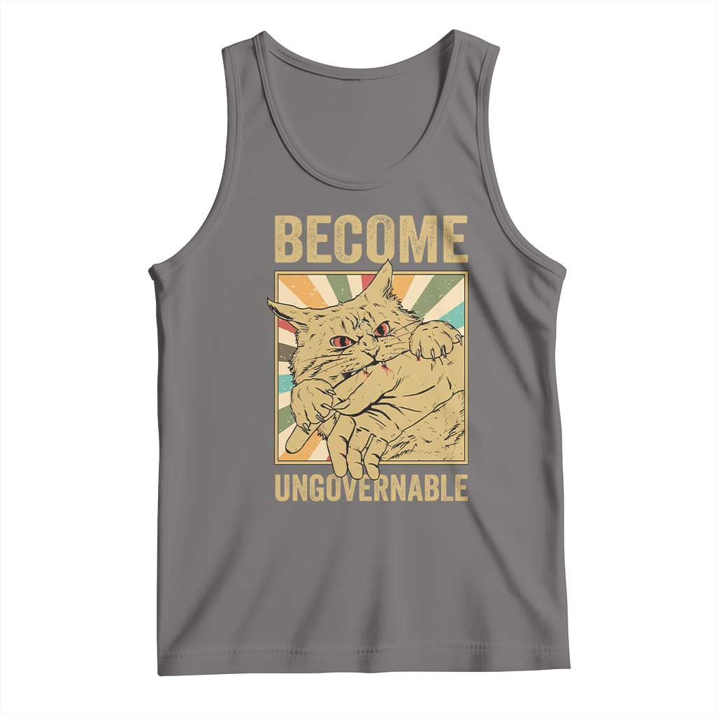 Become Ungovernable Cat Tank Top Funny Retro Cat Bite Horror Anime TS11 Deep Heather Print Your Wear