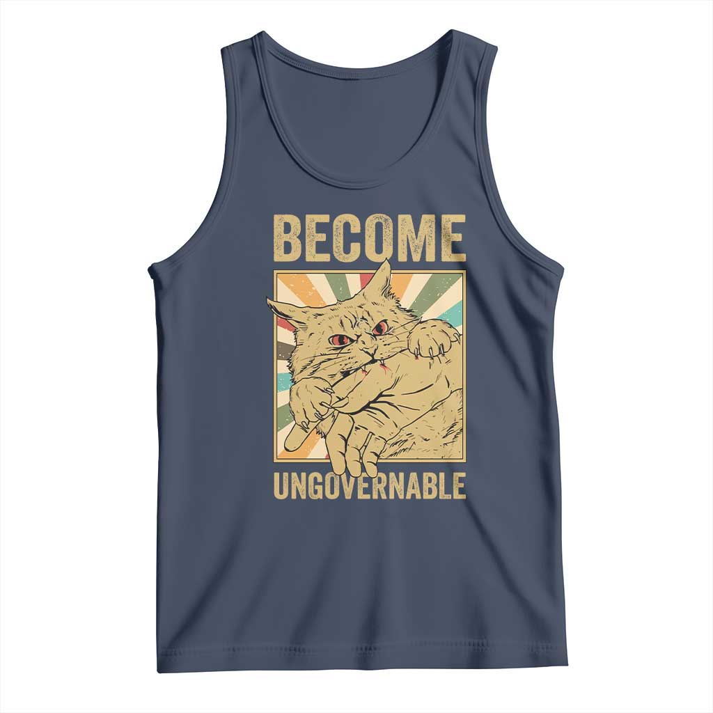 Become Ungovernable Cat Tank Top Funny Retro Cat Bite Horror Anime TS11 Navy Print Your Wear