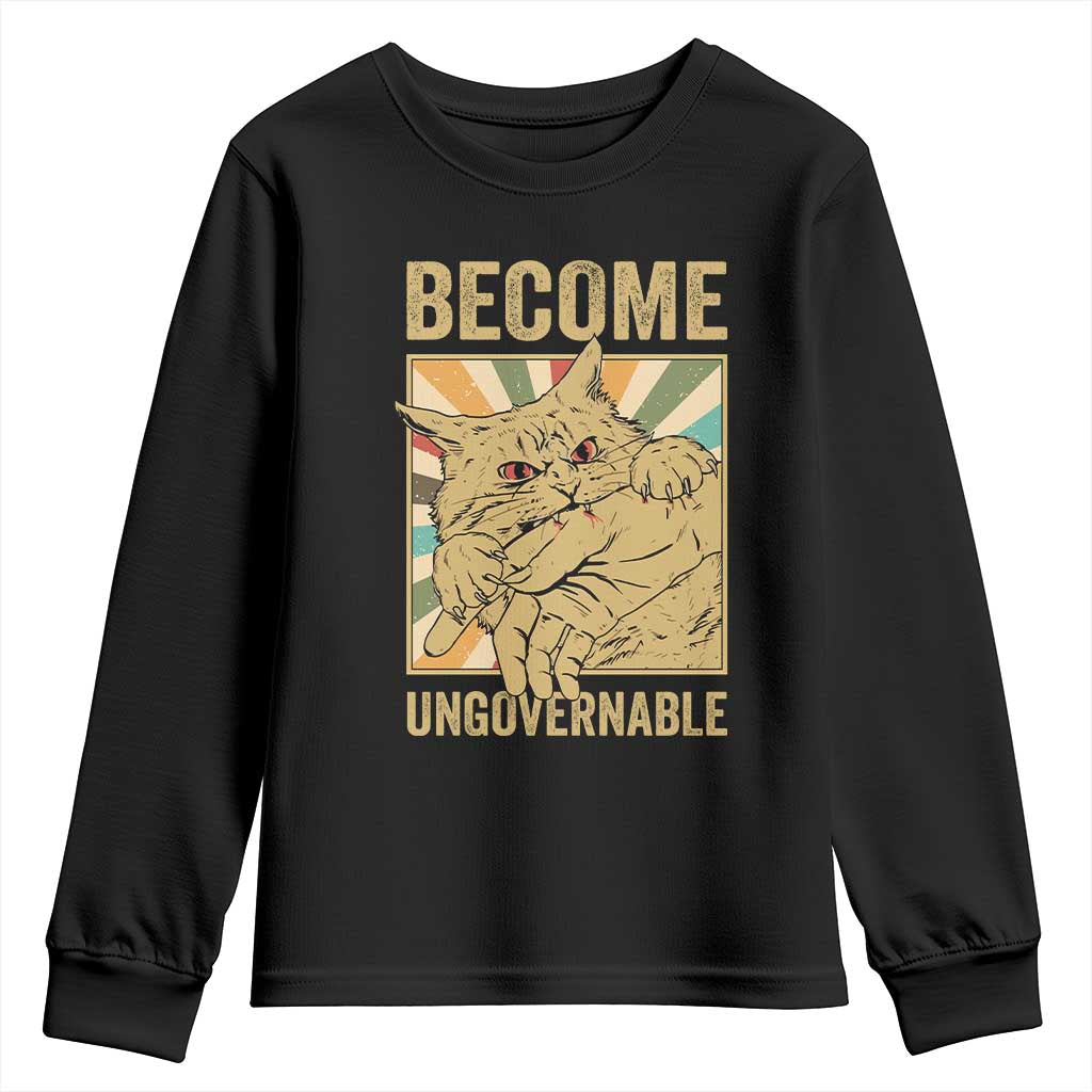 Become Ungovernable Cat Youth Sweatshirt Funny Retro Cat Bite Horror Anime TS11 Black Print Your Wear