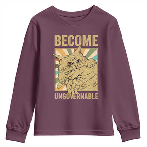 Become Ungovernable Cat Youth Sweatshirt Funny Retro Cat Bite Horror Anime TS11 Maroon Print Your Wear