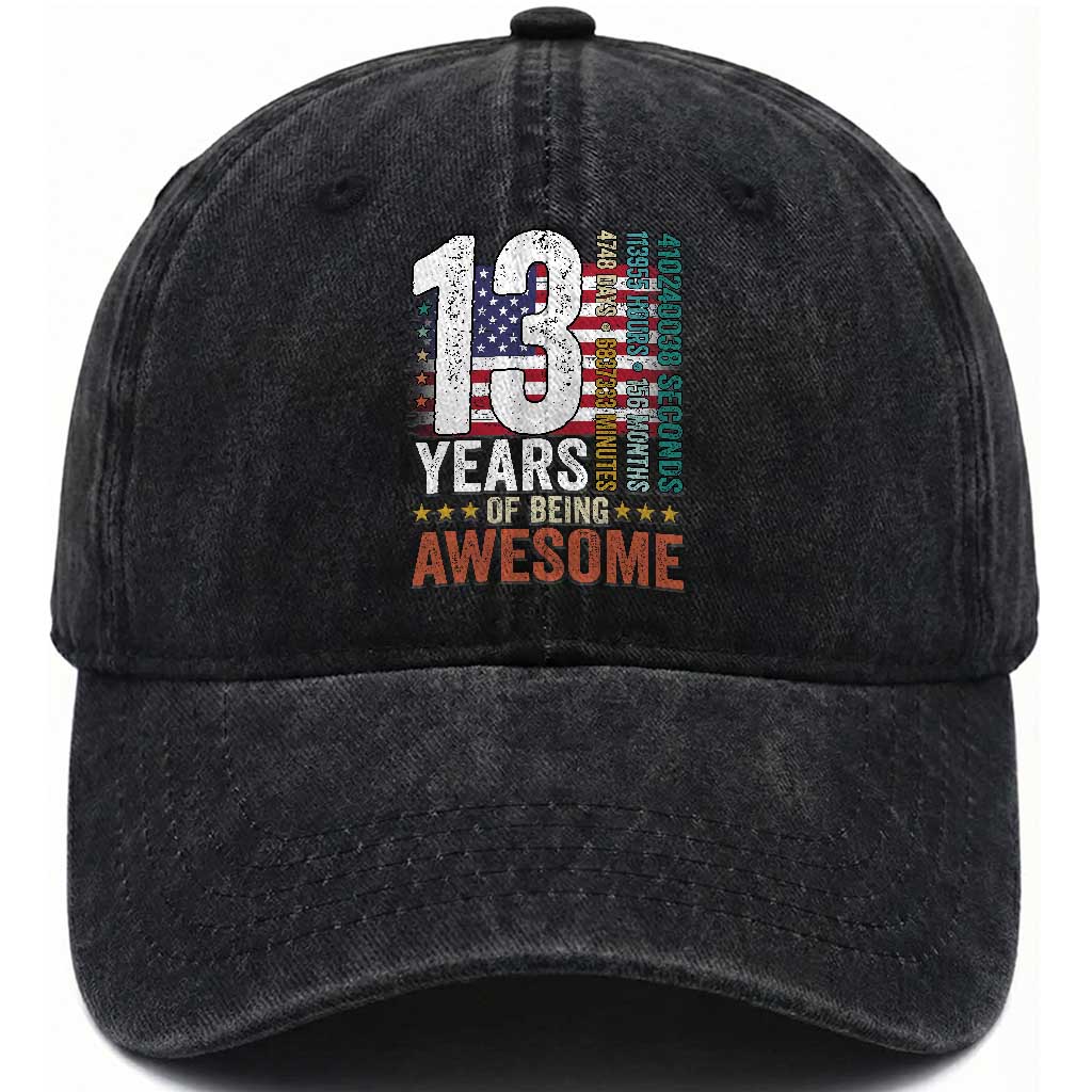 Funny 13th Birthday Washed Cotton Baseball Cap 13 Years 156 Months Of Being Awesome American Flag TS11 Print Your Wear