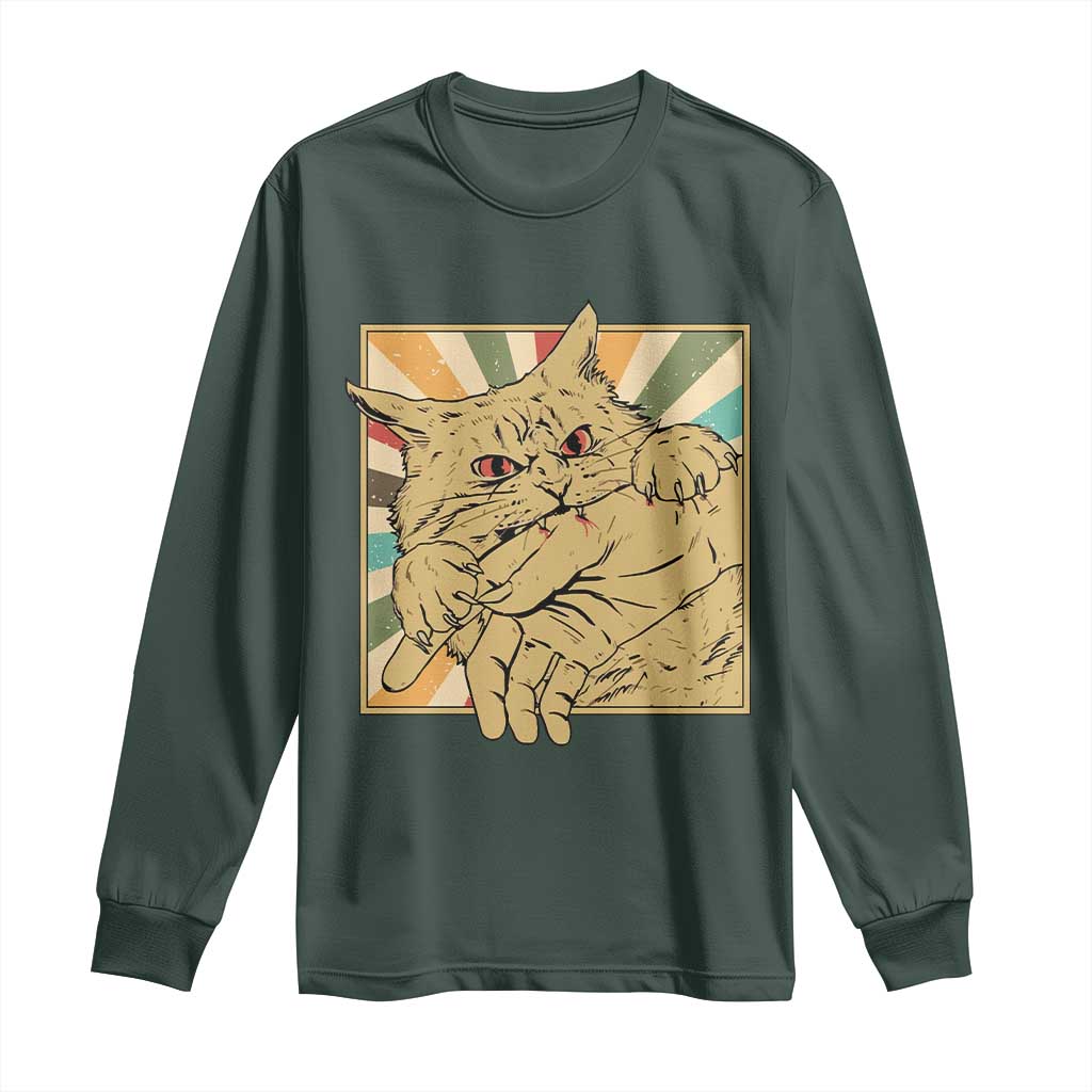 Funny Cat Bite Horror Anime Crazy Kitten Japanese Long Sleeve Shirt TS11 Dark Forest Green Print Your Wear
