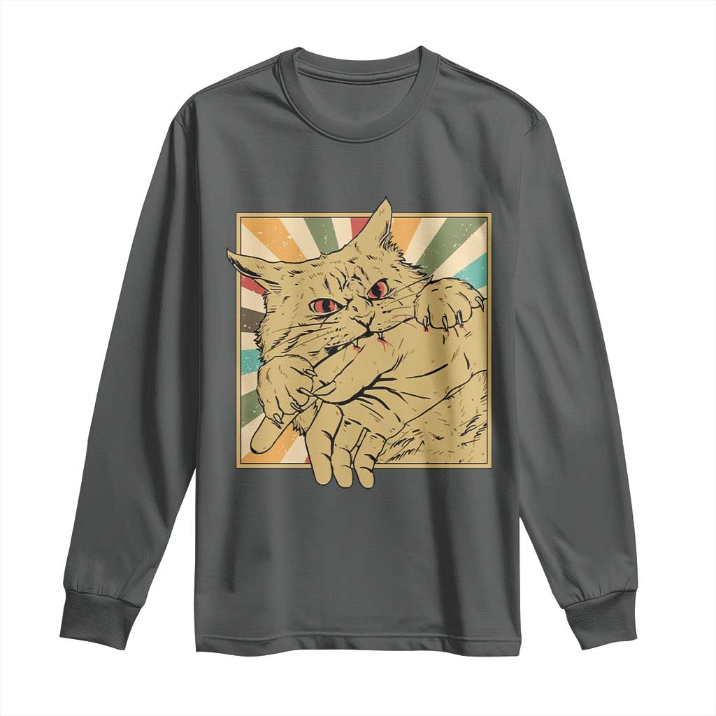 Funny Cat Bite Horror Anime Crazy Kitten Japanese Long Sleeve Shirt TS11 Dark Heather Print Your Wear