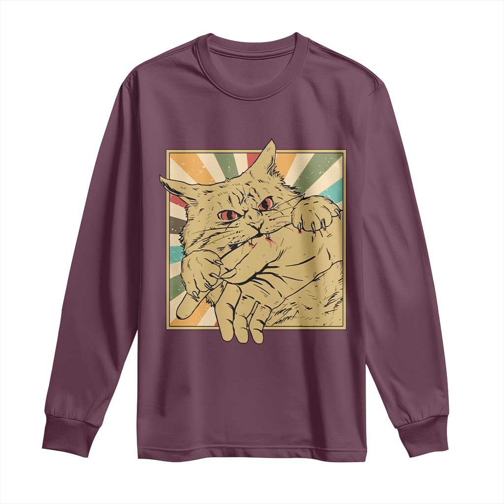 Funny Cat Bite Horror Anime Crazy Kitten Japanese Long Sleeve Shirt TS11 Maroon Print Your Wear